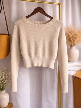 Cream Cropped Knit Sweater - Women